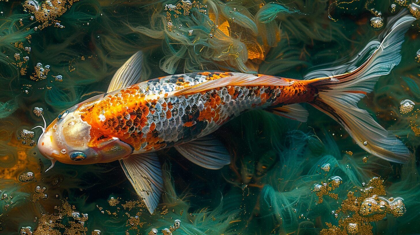 Colorful koi fish nibbling on vibrant green algae in a pond.