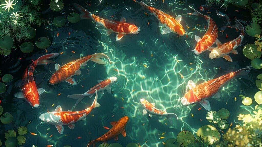 Colorful koi fish swimming in a vibrant pond with lush green algae.