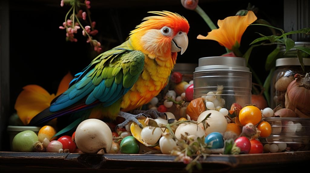 Colorful parrot nibbling cuttlebone in a toy-filled cage.