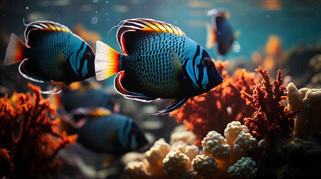 Colorful saltwater angelfish, including black and white