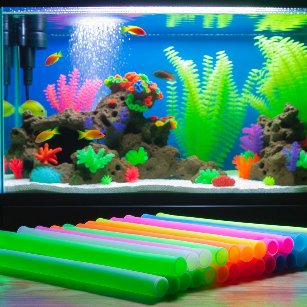 Colorful silicone tubes with aqua-themed decor with a fish tank in the background