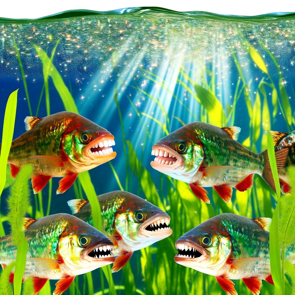 Freshwater Fish With Teeth featuring 
Colorful toothy fish montage with river plants.