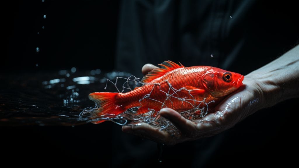 Compassionate hand cradling a fish above aquarium water with a euthanasia tool.