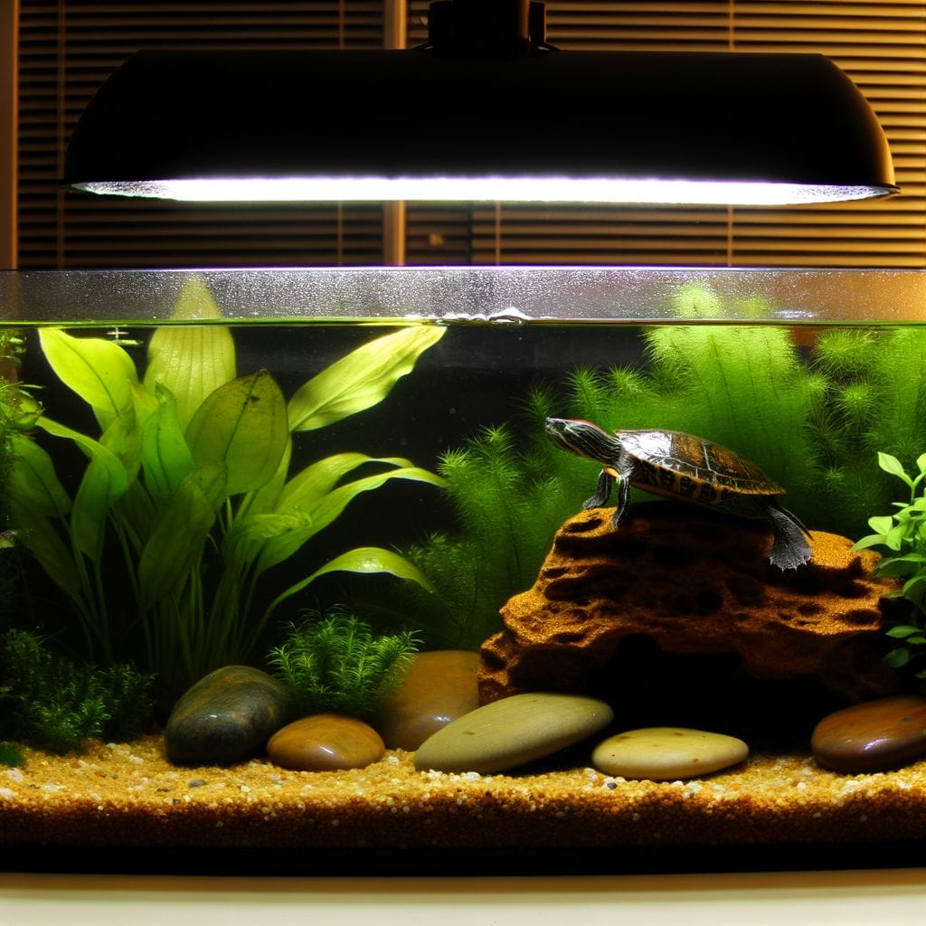 Homemade Turtle Tank Ideas featuring a DIY turtle tank with plants, lighting, and basking area