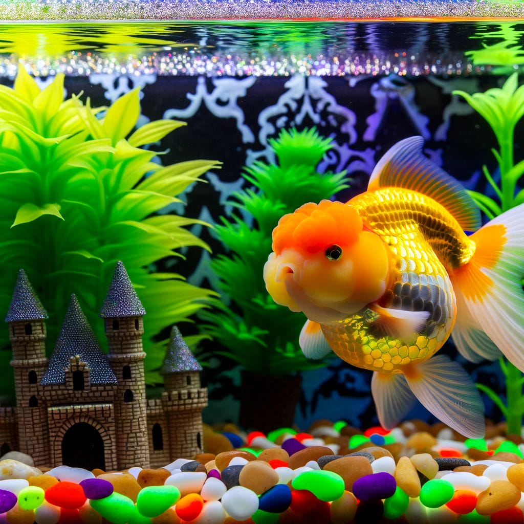 How Big Do Ranchu Goldfish Get featuring a Detailed Ranchu Goldfish in a furnished tank.