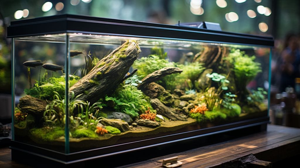 Different aquariums with various sand types and healthy plants.