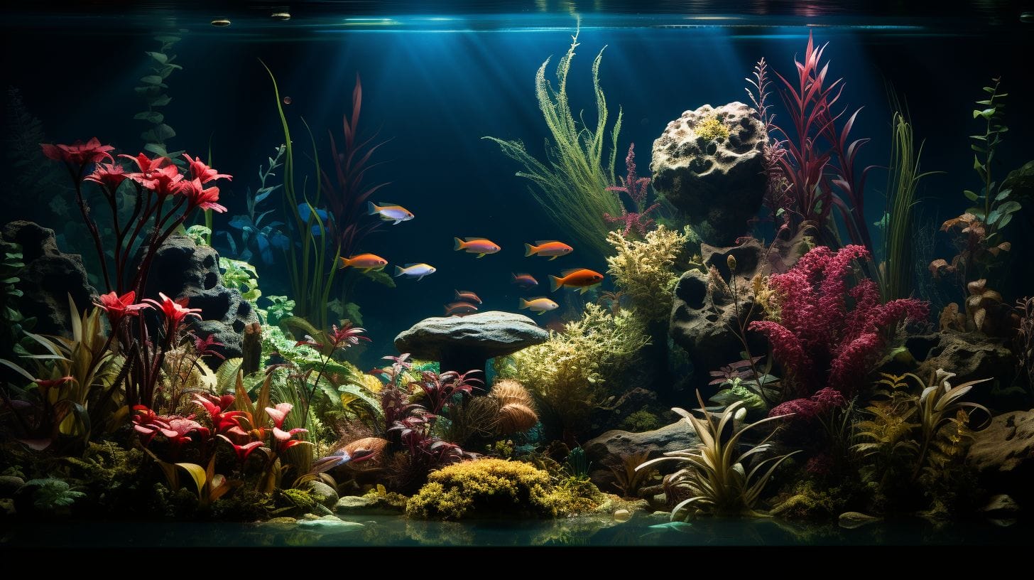 Dimly lit aquarium with Java Fern, Anubias, and Cryptocoryne.