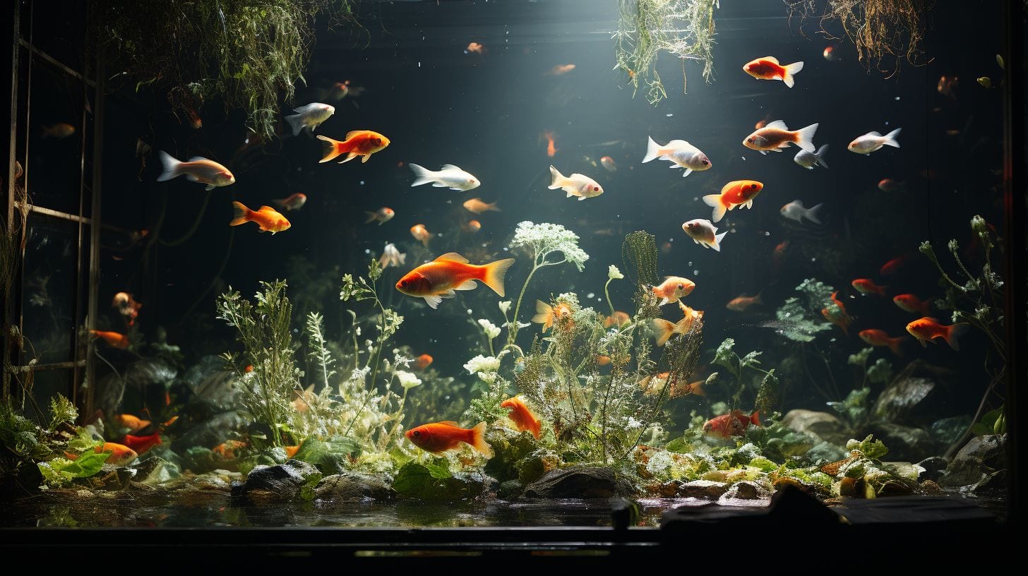 Dimly lit aquarium with diverse fish depicting sleep patterns