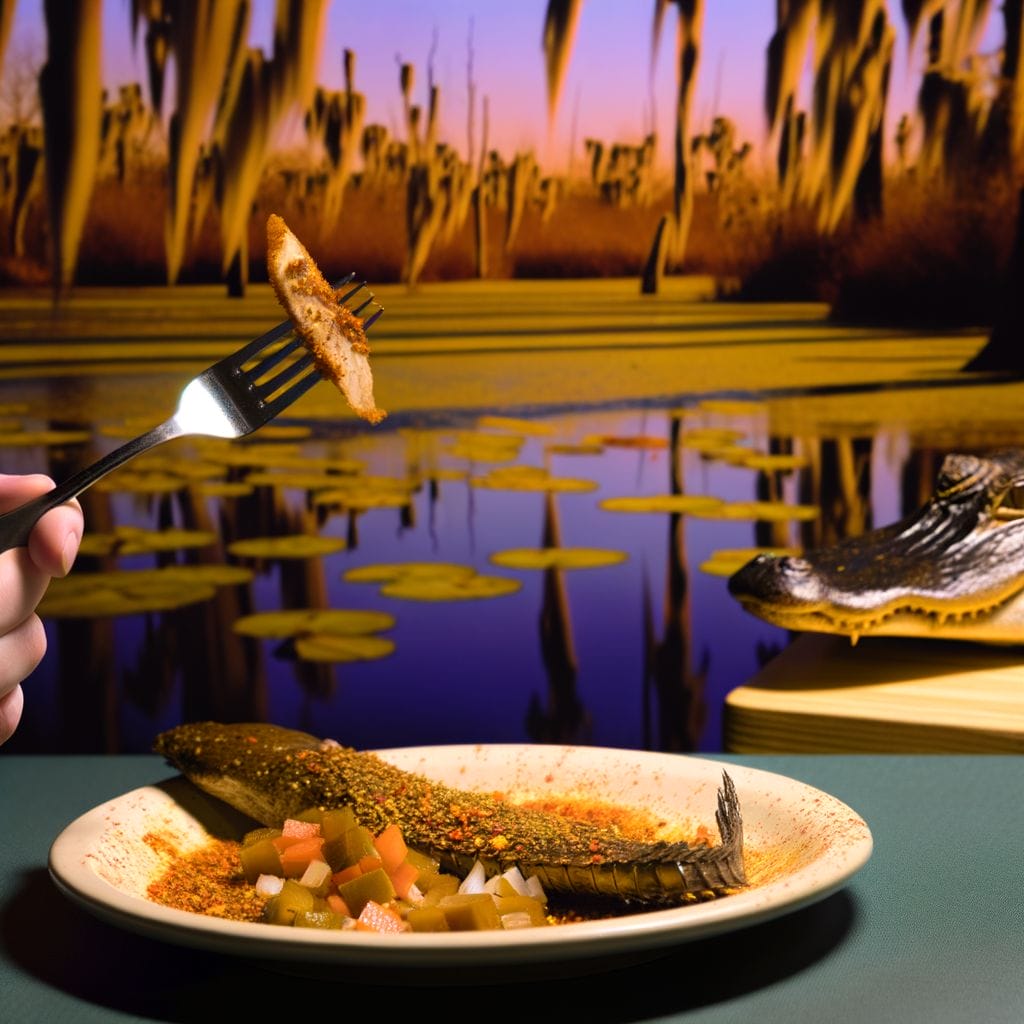 Diner with Alligator Gar on fork, plate of cooked gar, spices, swamp background.
