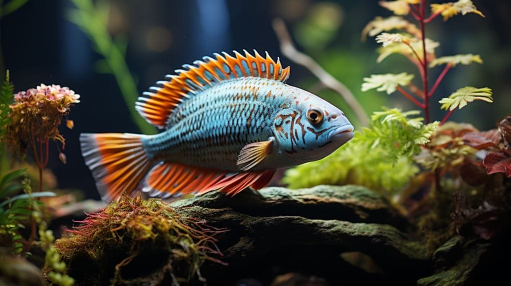 Electric Blue Cichlid with plants and balanced diet