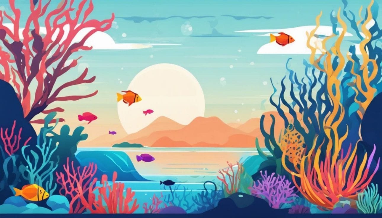 A serene underwater scene with colorful coral reefs and exotic fish.