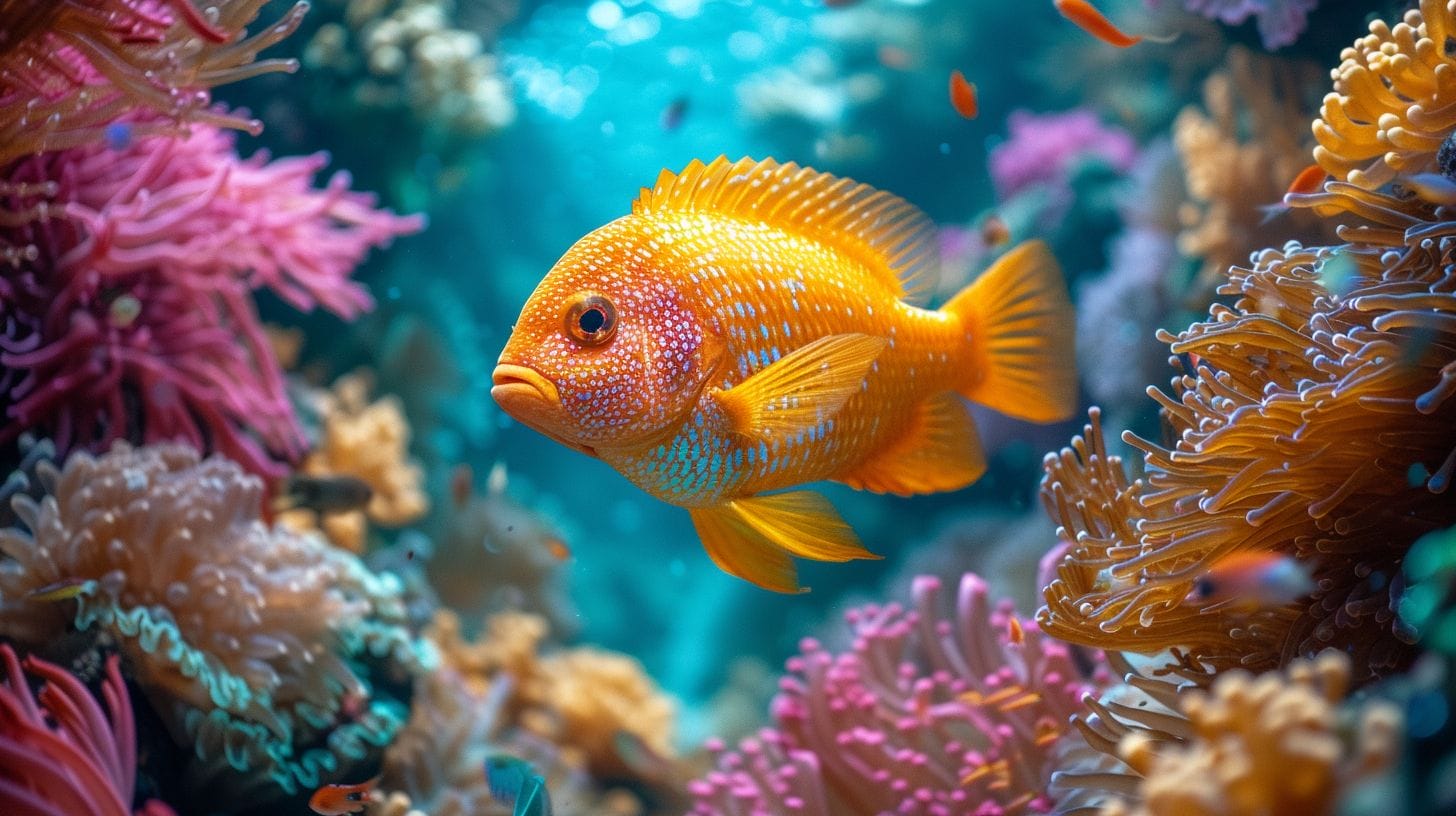 Fish with prominent foreheads, vibrant colors, underwater backdrop.
