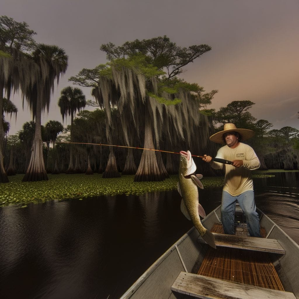 Do People Eat Alligator Gar featuring a Fisherman on boat reeling in Alligator Gar, swampy Southern U.S. backdrop