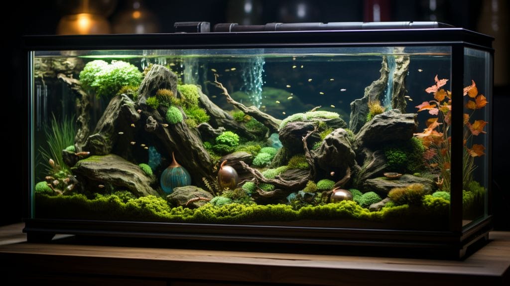 Freshwater aquarium with golden apple snails