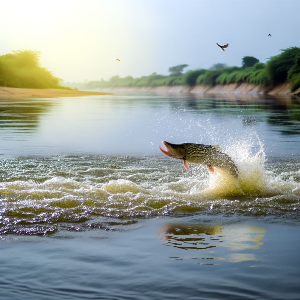 Freshwater fish with teeth leaping from river.