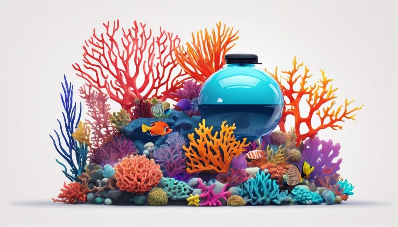 An air pump nestled amongst colorful coral in a vibrant underwater coral reef.