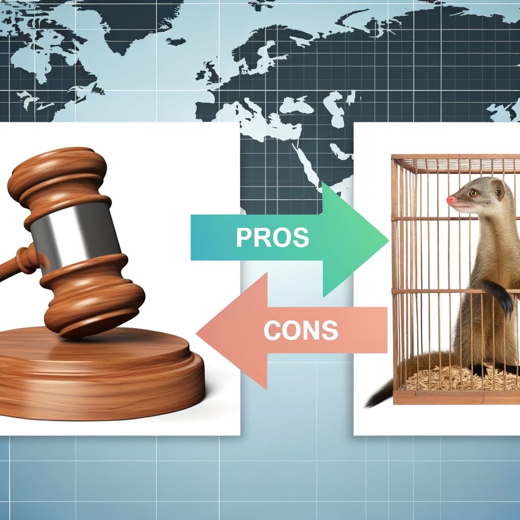 Gavel, mongoose, cage, pros and cons arrows, world map background