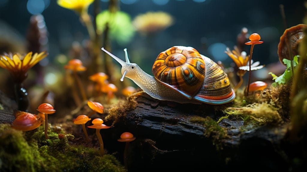 Apple Snail in Aquarium featuring a Golden apple snail with tropical fish