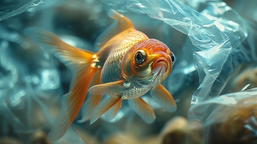 Goldfish in a plastic bag, healthy and vibrant, surrounded by darkness.