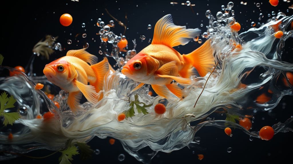 Goldfish with food flakes