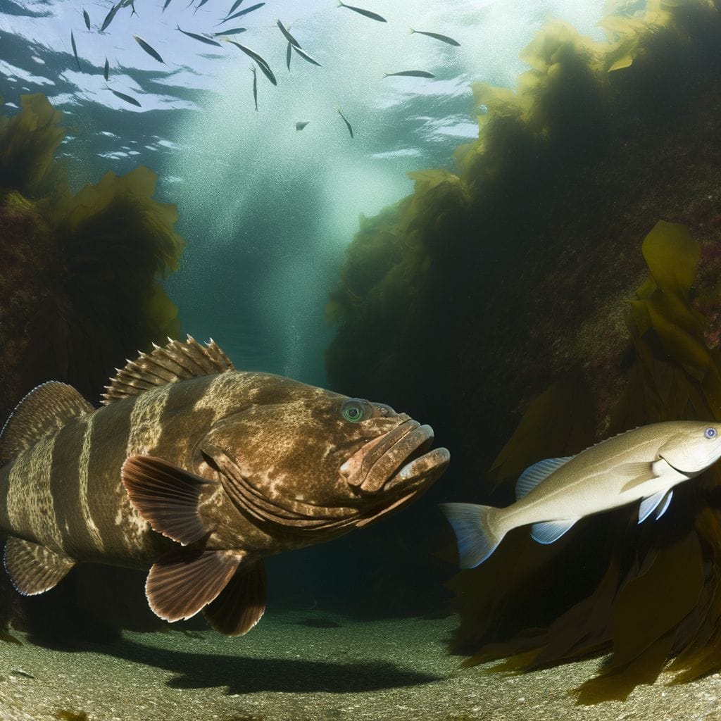 Goliath Tigerfish and Lingcod with sharp teeth underwater.