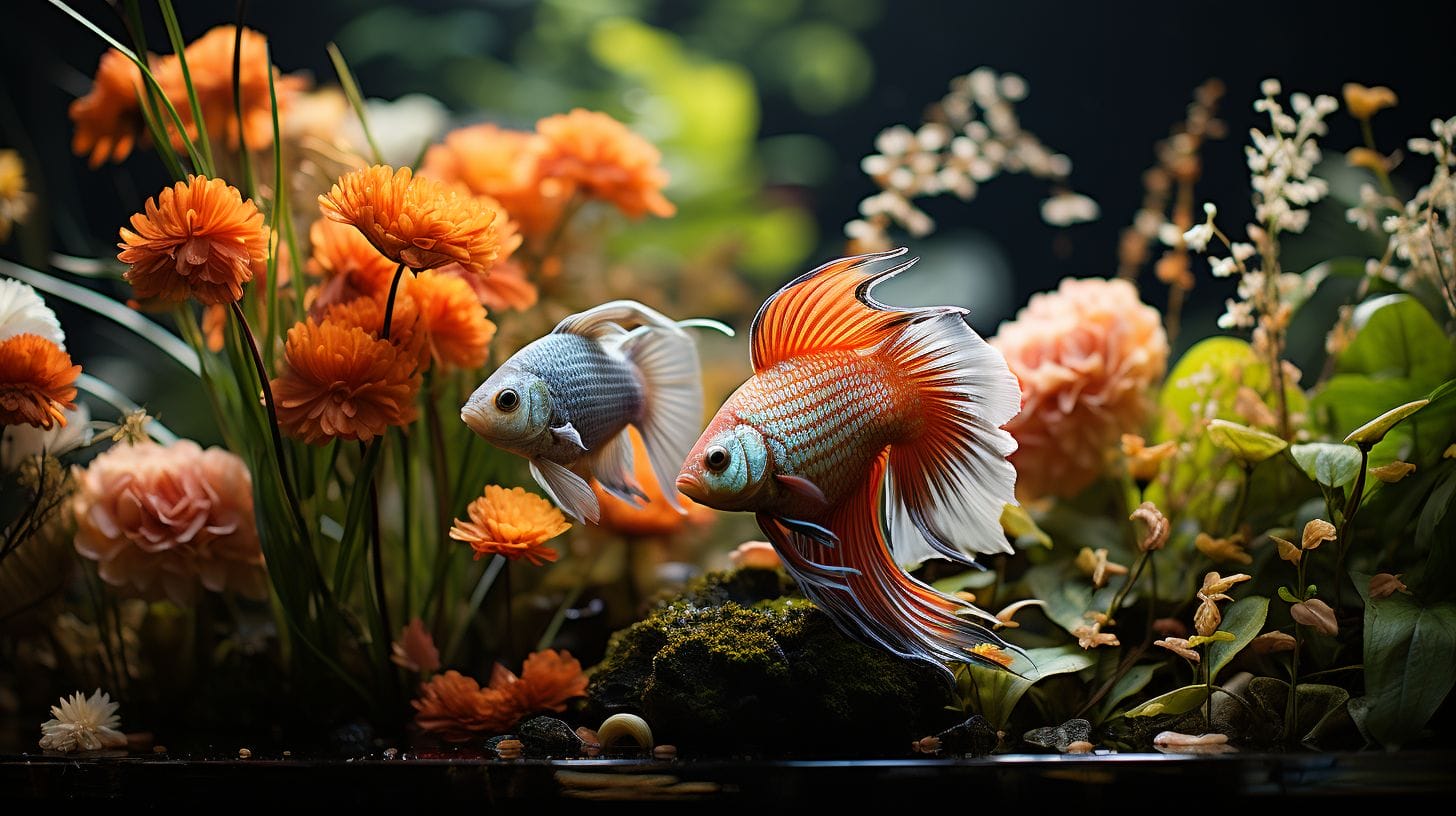 Gouramis and angelfish in a planted freshwater aquarium