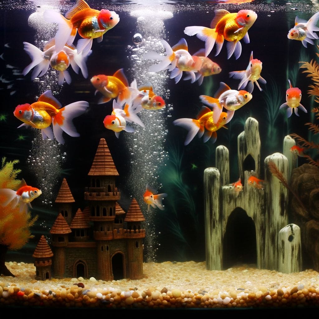 Group of Ranchu Goldfish in decorative community tank.