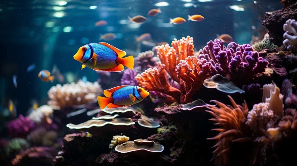 Half-and-half image of aquarium and natural habitat