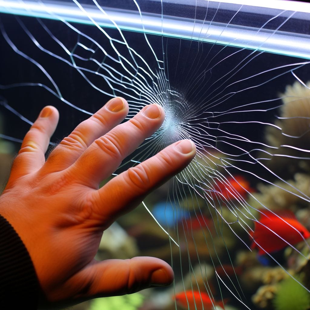 How to Fix a Cracked Aquarium Glass showing a Hand examining web-like crack in aquarium glass