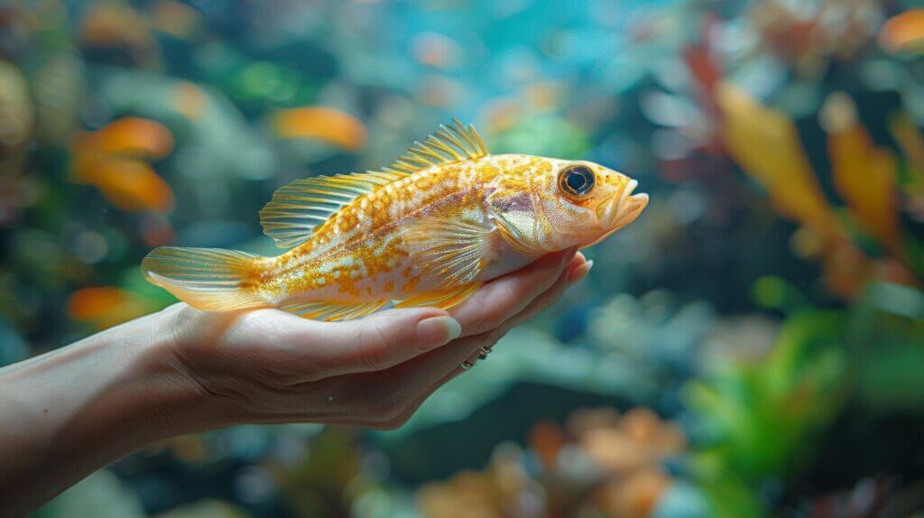 Hand holding a limp, lifeless fish, dull cloudy eyes, in serene aquarium background.