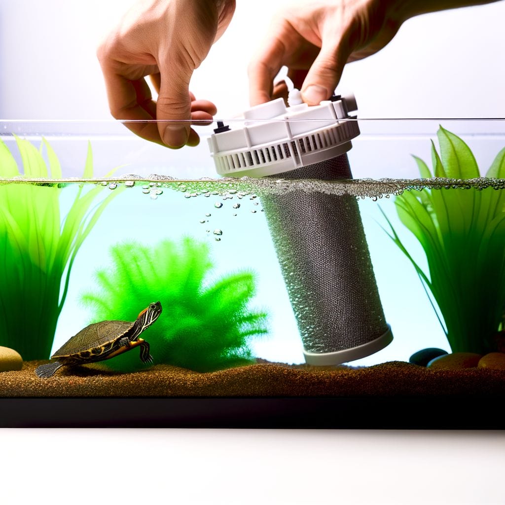 Hand installing filter in a turtle tank