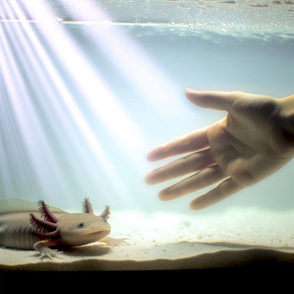 Hand towards axolotl in tank