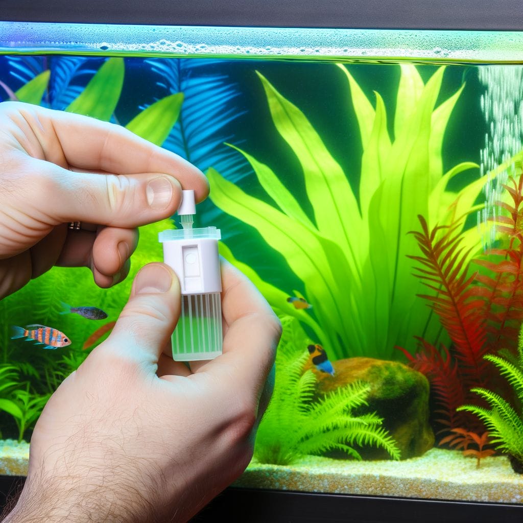 Hand with oxygen testing kit near healthy aquarium