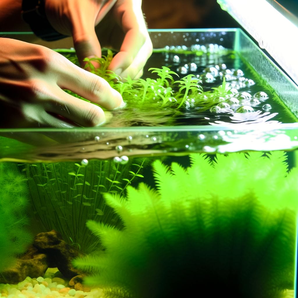 Hands placing plants in a self-cleaning aquarium