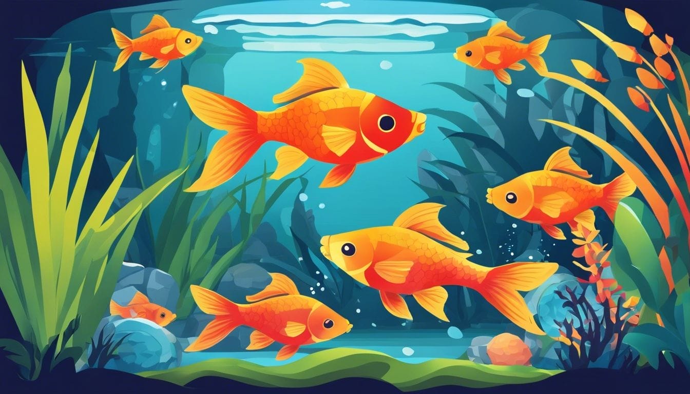 Colorful goldfish swimming in a vibrant aquarium with plants and rocks.