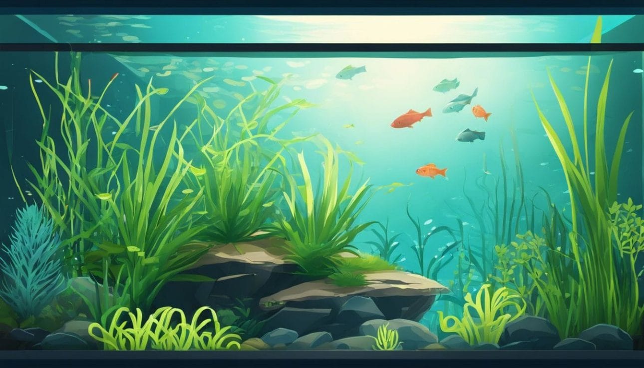 A fish tank filter overflowing with debris in a serene underwater environment.
