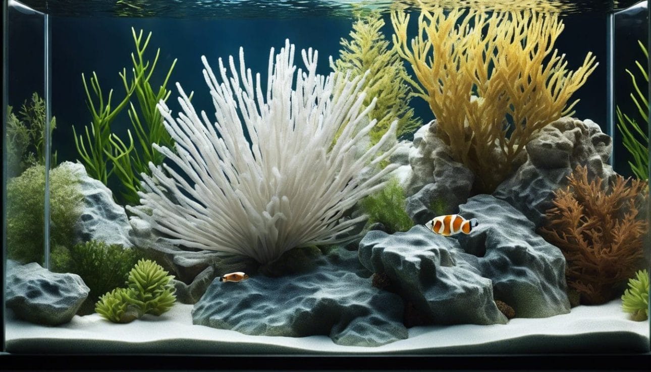 A fish tank filter covered in white mineral deposits with underwater plants and fish in the background.