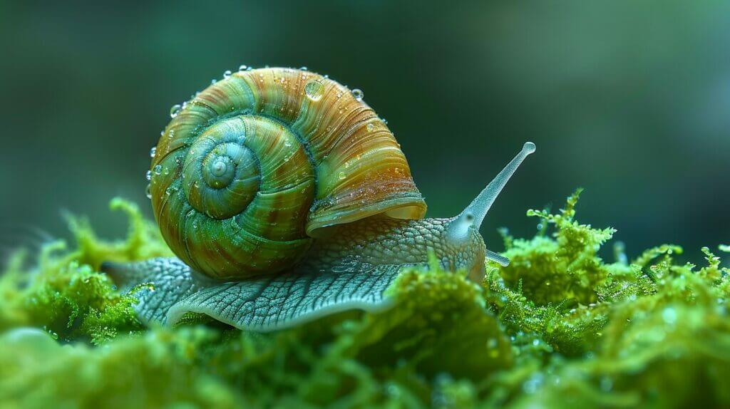 Image illustrating a snail within a shell covered in vibrant green algae, symbolizing the complex relationship between snails and algae in shell formation.