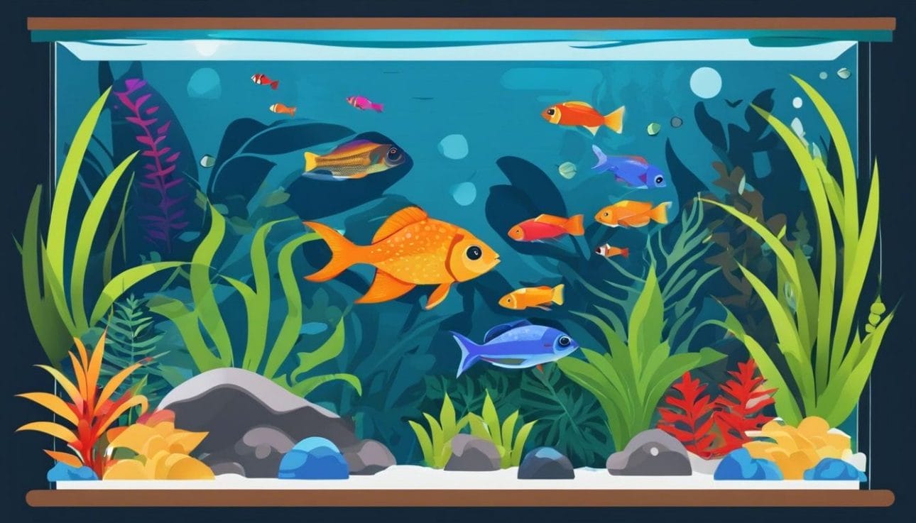 A vibrant aquarium with colorful fish and lush plants.