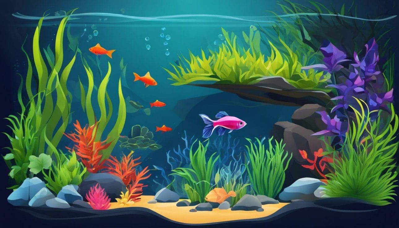 A vibrant fish tank with colorful aquatic plants and diverse fish species.