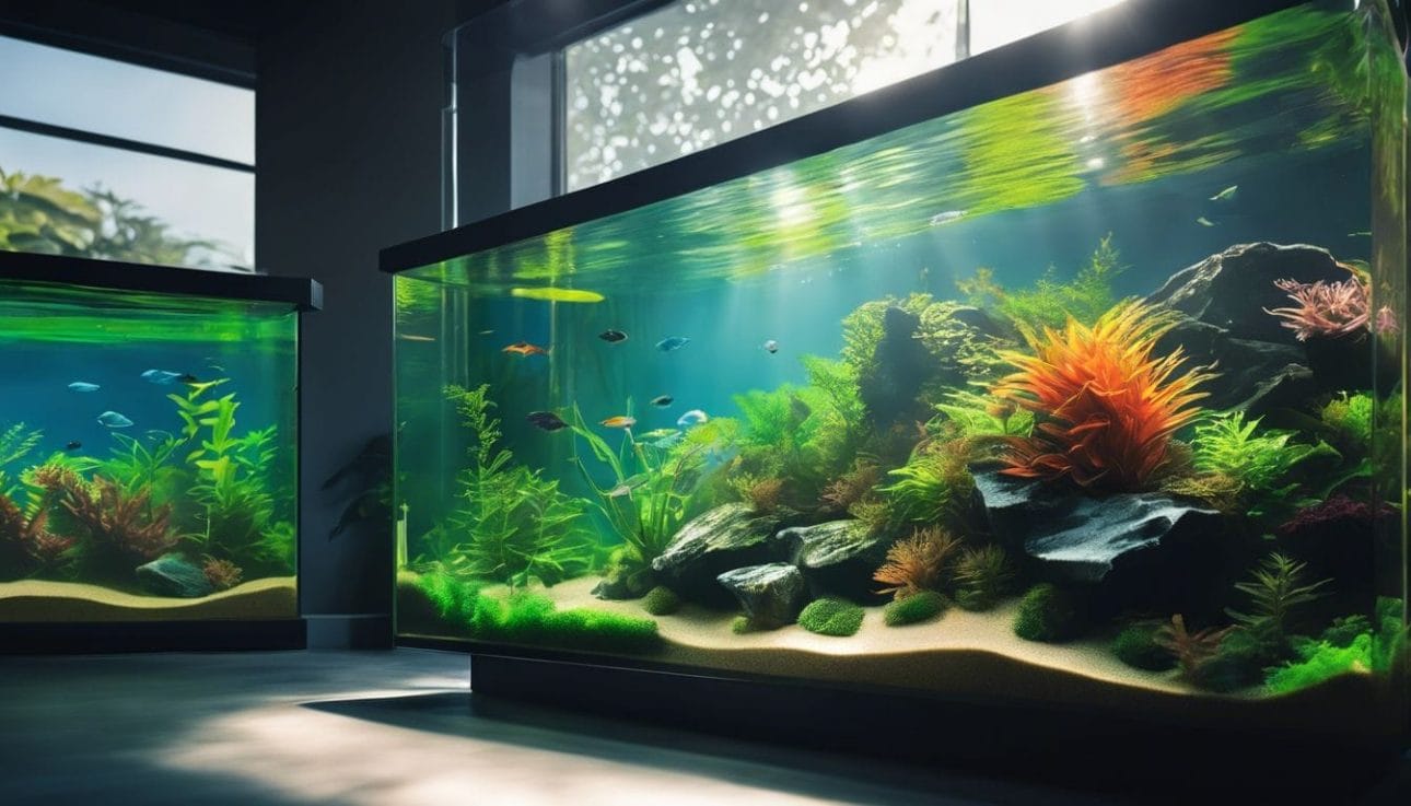 A clean aquarium filter surrounded by vibrant aquatic plants.