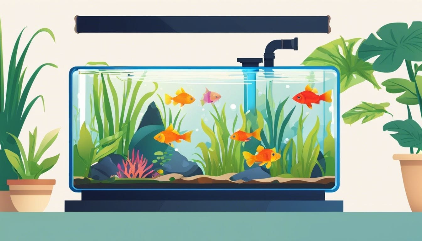 A peaceful fish tank with vibrant plants and colorful fish.