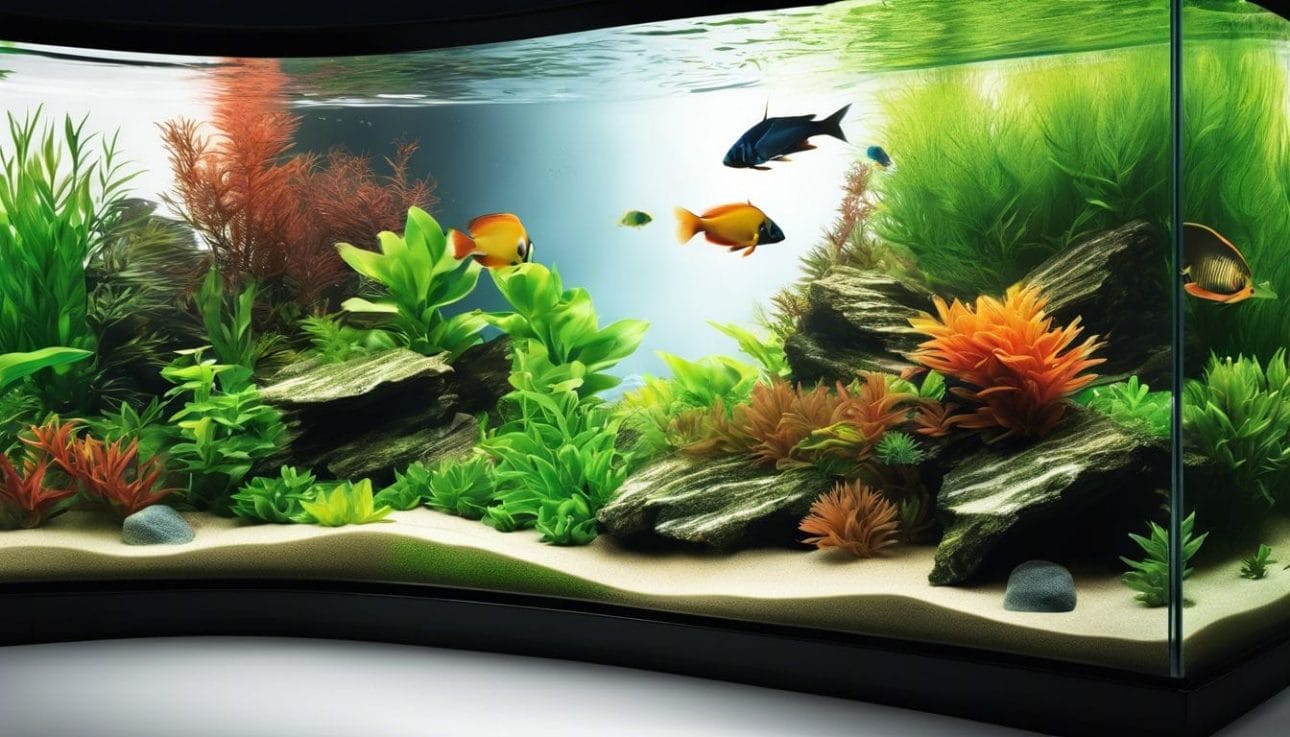 A vibrant fish tank with exotic fish and lush plants.