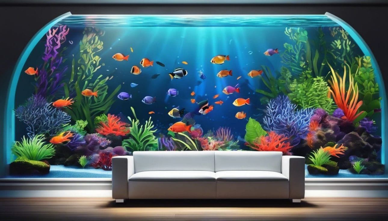 A vividly designed tropical fish tank with vibrant coral reefs and colorful fish.