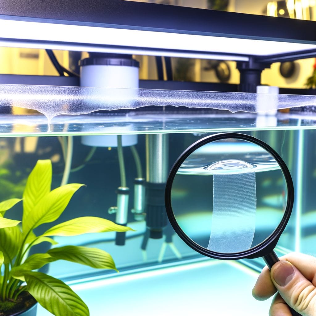 Magnifying glass inspecting green-highlighted silicone applied in an aquarium
