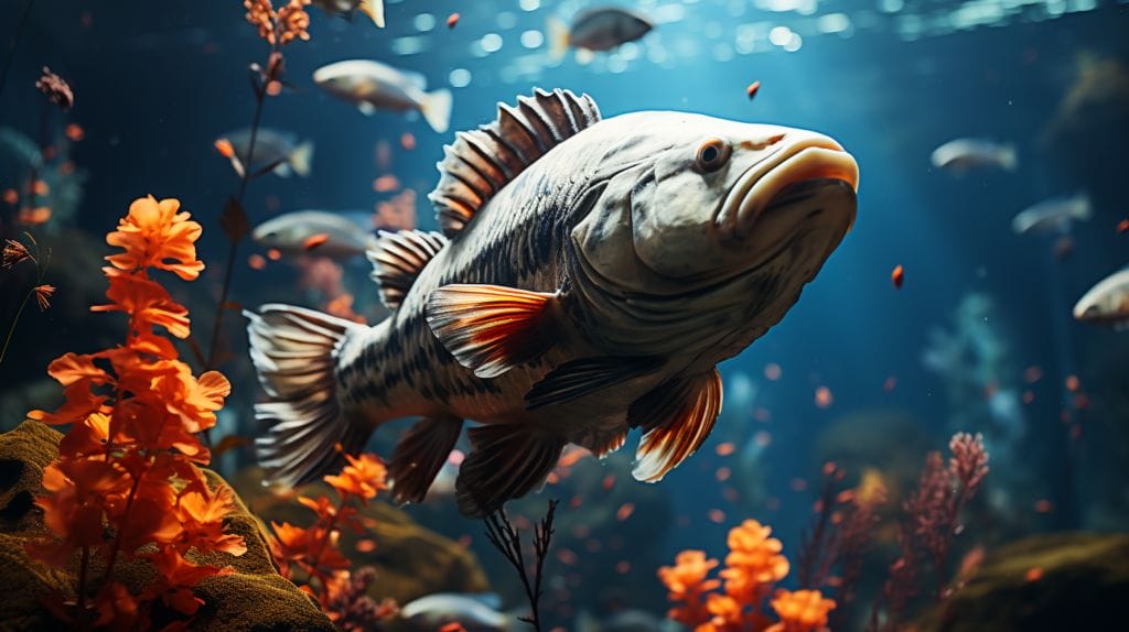 Majestic Pleco catfish underwater, small fish size contrast, riverbank hint