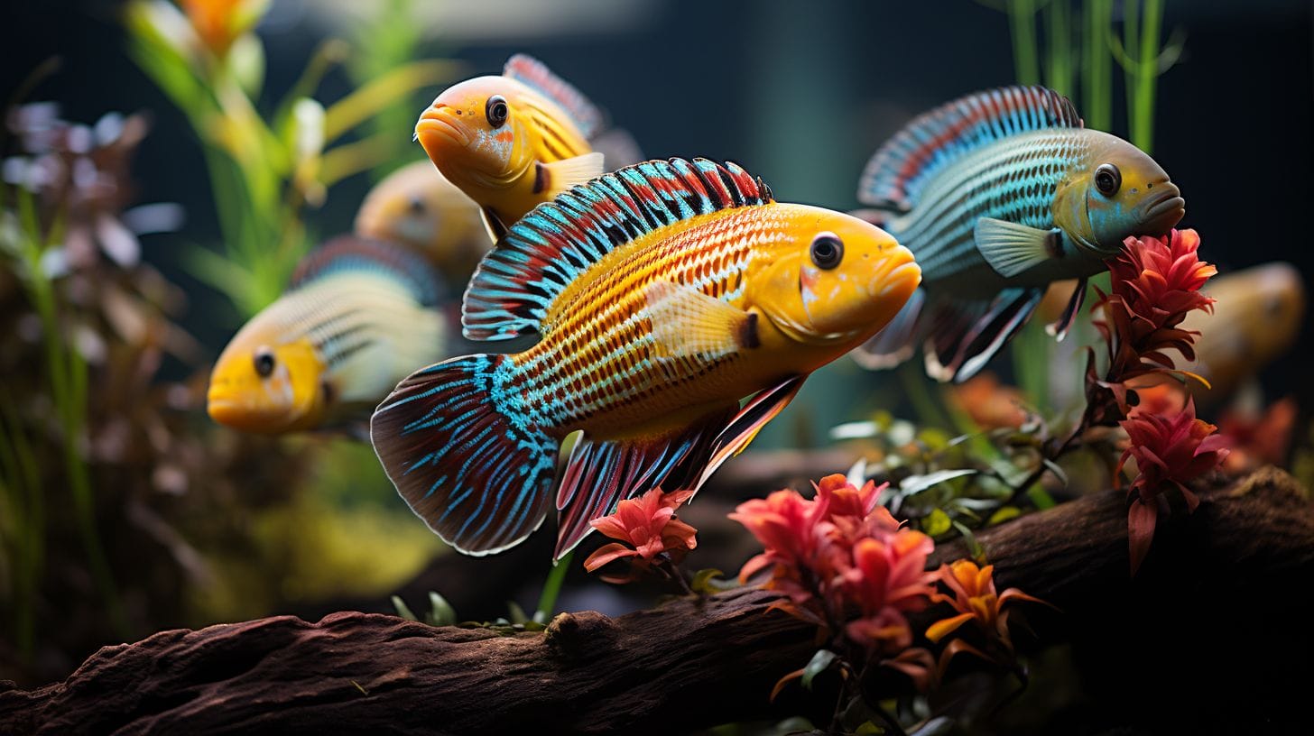 Male and female cichlids among plants
