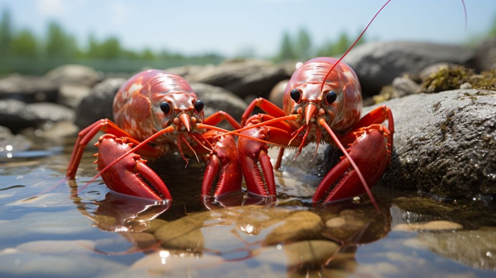 Male crayfish displaying dominance and female with eggs