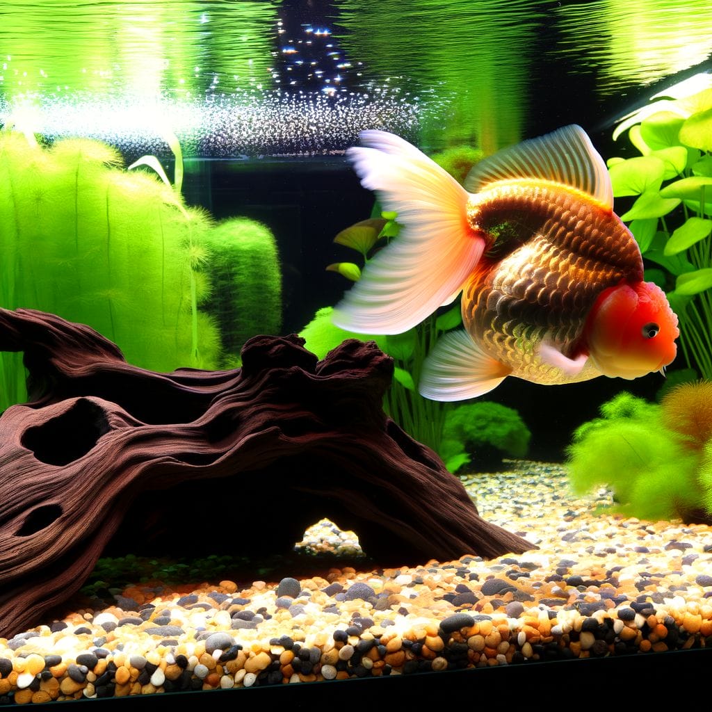 Mature Ranchu in a tank with plants and hideaways.