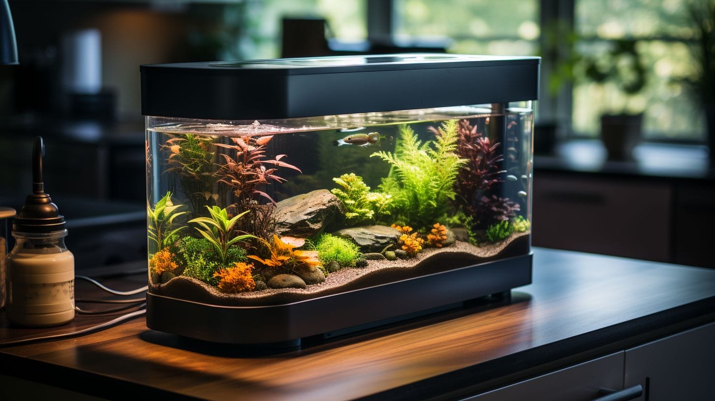 Modern electric aquarium cleaner in a clear, vibrant fish tank with lush plants